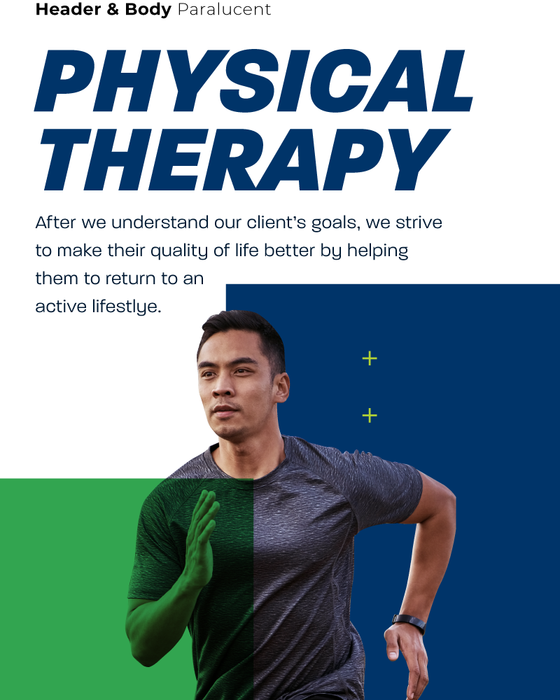 font sampling used for Greenwood Physical Therapy's brand guide with an isolated of image of man running with a green box overlay and blue box in the background