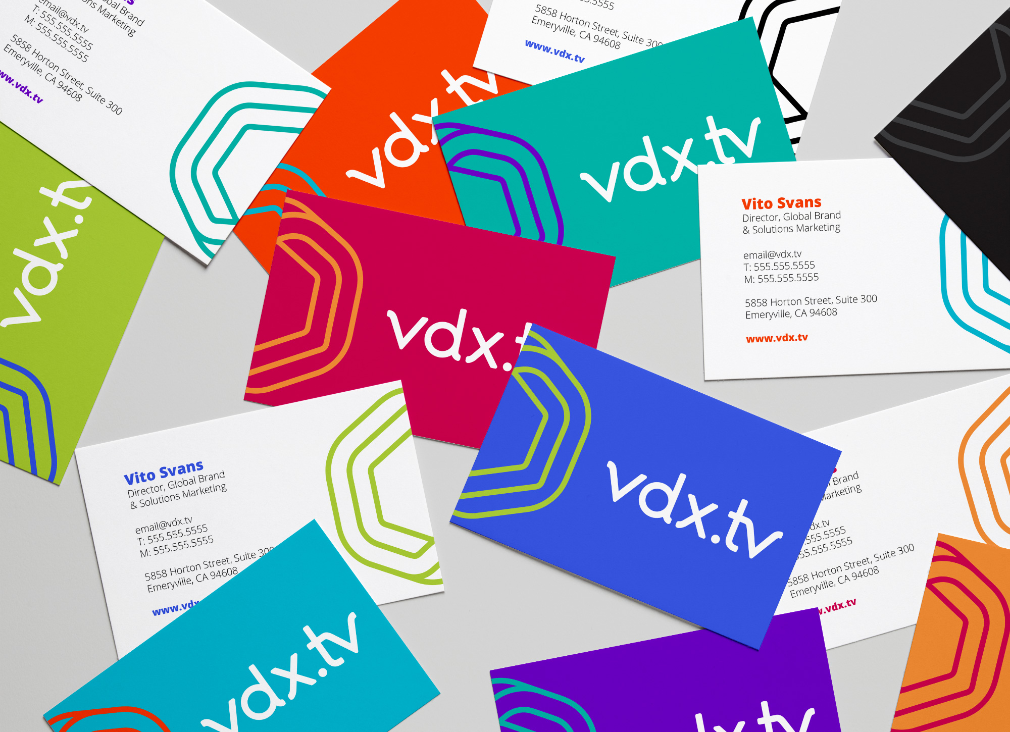 VDX.tv business cards in different color-ways