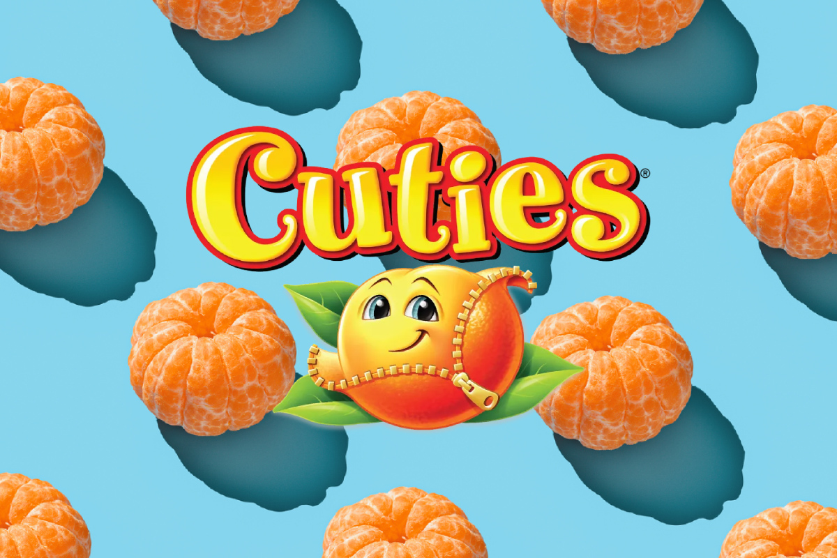 Cuties logo on background image of peeled clementines