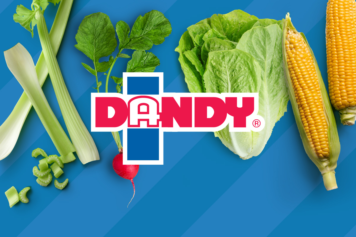 Dandy logo on background image of celery radish romaine lettuce and corn