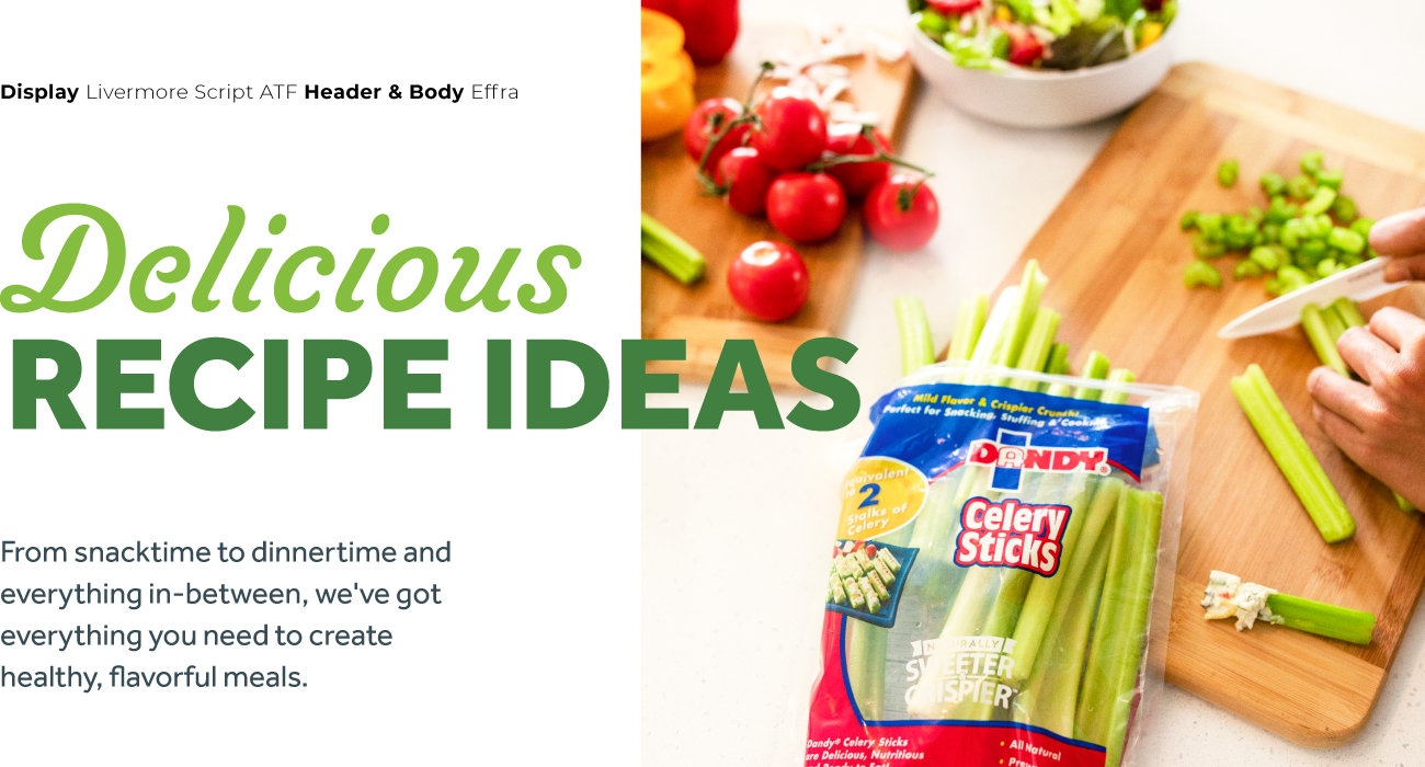 font sampling used for Duda's brand guide with Dandy celery sticks package resting on a cutting board while someone chops celery sticks
