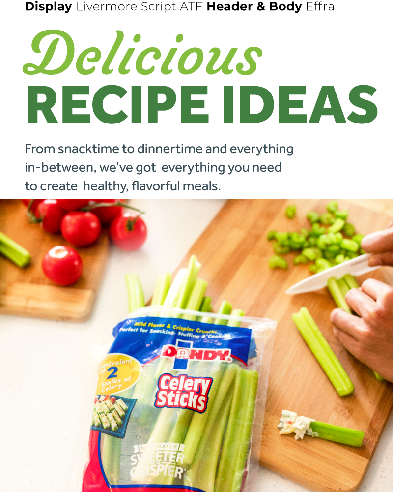 font sampling used for Duda's brand guide with Dandy celery sticks package resting on a cutting board while someone chops celery sticks