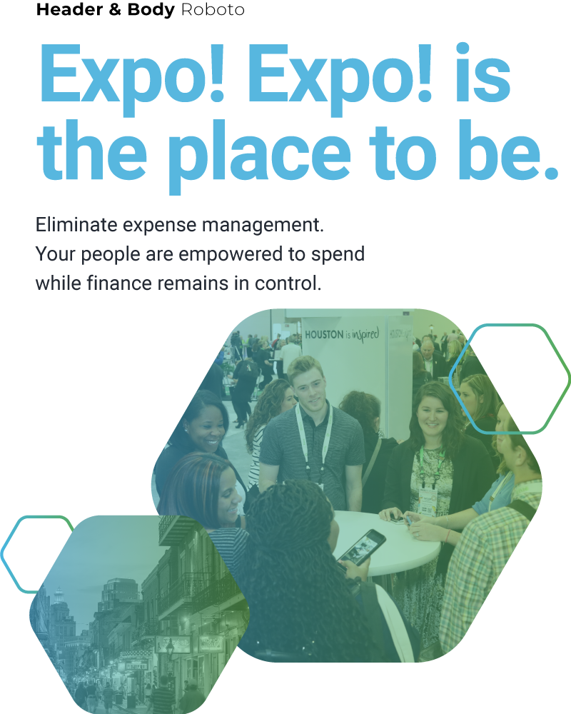 font sampling used for Expo! Expo!'s brand guide with hexagon shapes with image fills of a New Orlean's street and a group of people attending a tradeshow