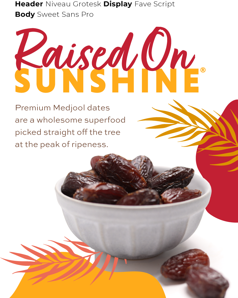 font sampling used for Natural Delight's brand guide with an image of a bowl of date fruits with palm and abstract shape illustrations in the background