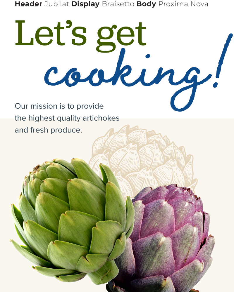 font sampling used for Ocean Mist Farm's brand guide with green and purple artichokes on a light cream background with an artichoke line illustration