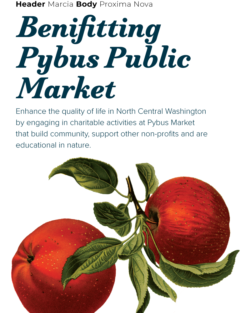 font sampling used for Pybus' brand guide with a vintage style illustration of apples with leaved stems