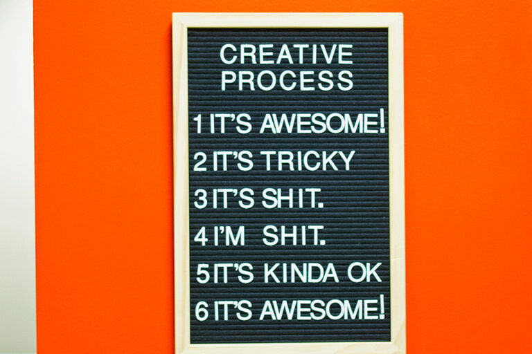 board that says "creative process. 1. it's awesome! 2. it's tricky. 3. it's shit. 4. I'm shit. 5. it's kinda ok. 6. it's awesome!"