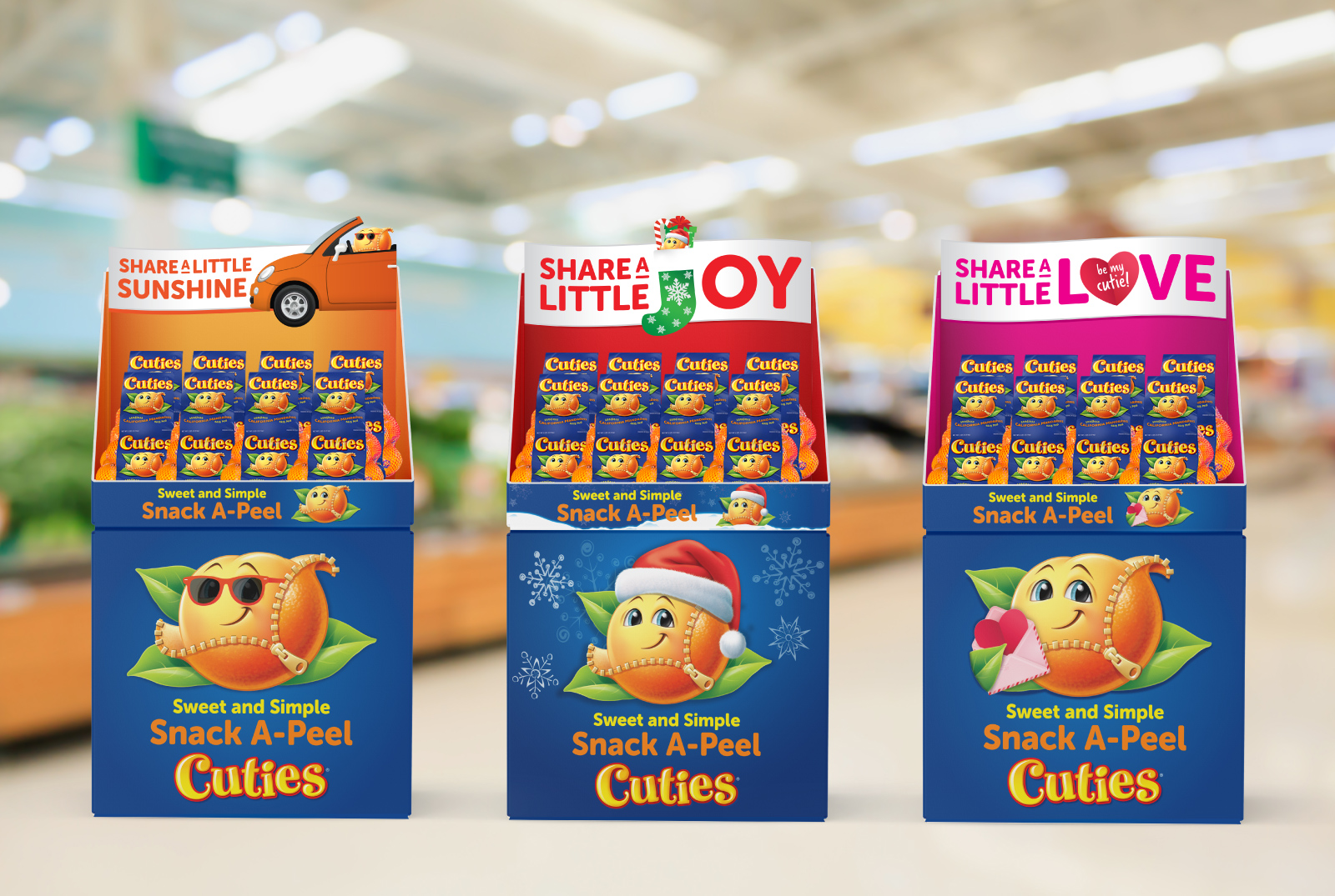 A mock-up of three Cuties in-store displays
