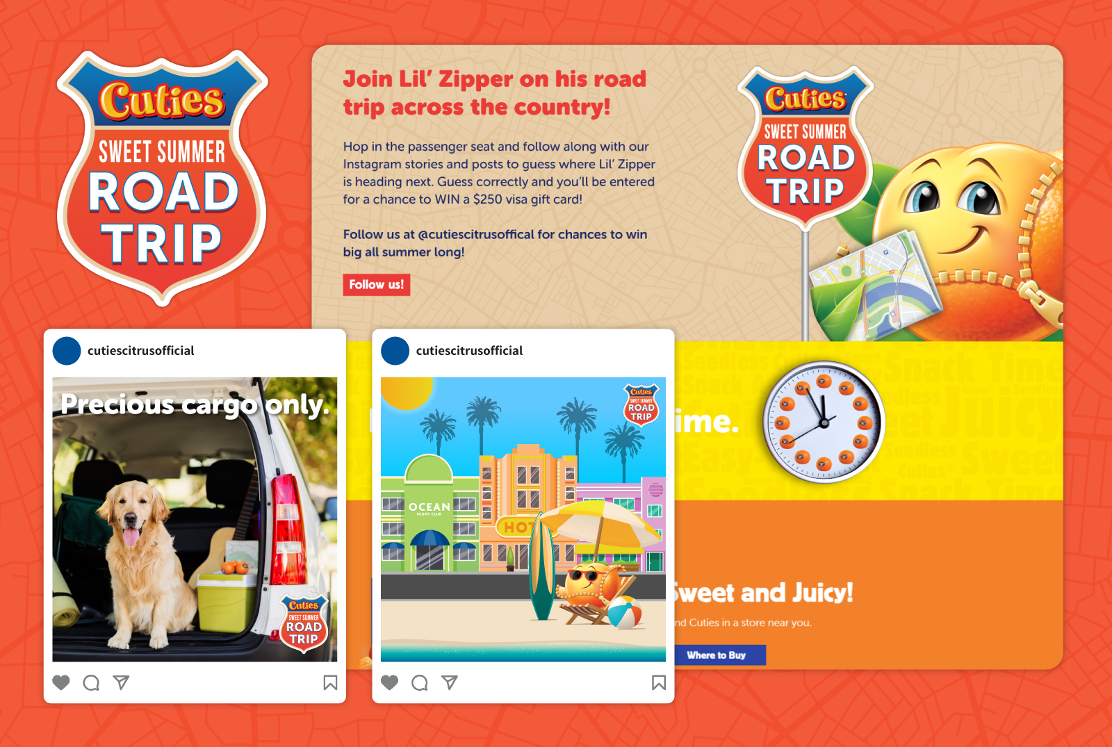 Collage of design examples from the promotion Cuties Sweet Summer Road Trip