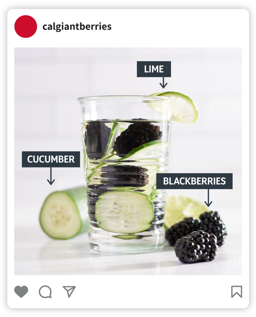 Example of a Cal Giant social post that says "Cucumber. Lime. Blackberries." with an image of a blackberry and cucumber drink.