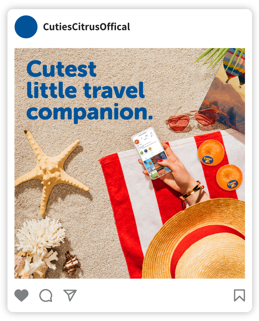 Example of a Cuties social post that says "Cutest little travel companion" with an image of a person on the beach with Cuties clementines