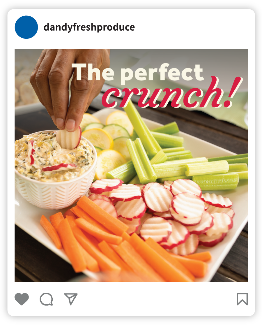 Example of a Dandy social post that says "The Perfect Crunch" with an image of a person scooping dip with radish coins