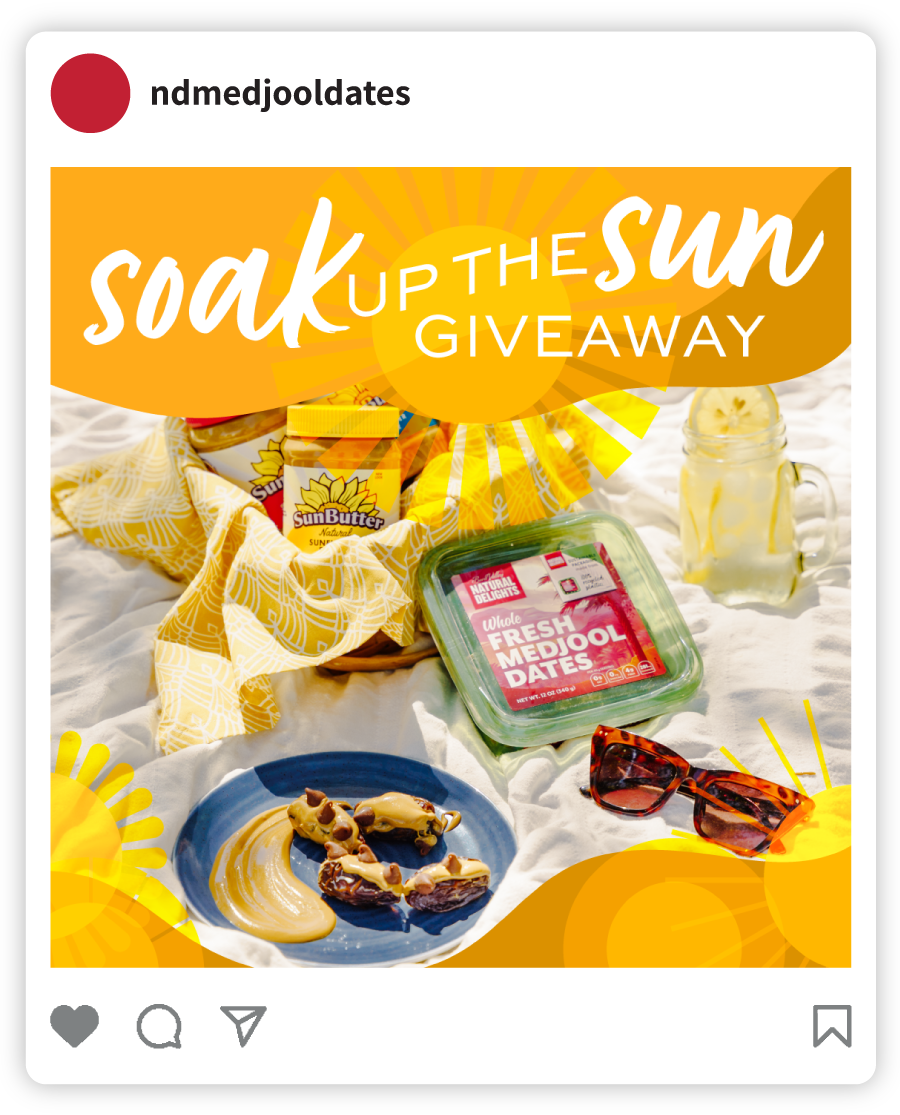 Example of a Natural Delights social post that says "Soak Up the Sun Giveaway" with an image a picnic with Natural Delights Whole Medjool Dates