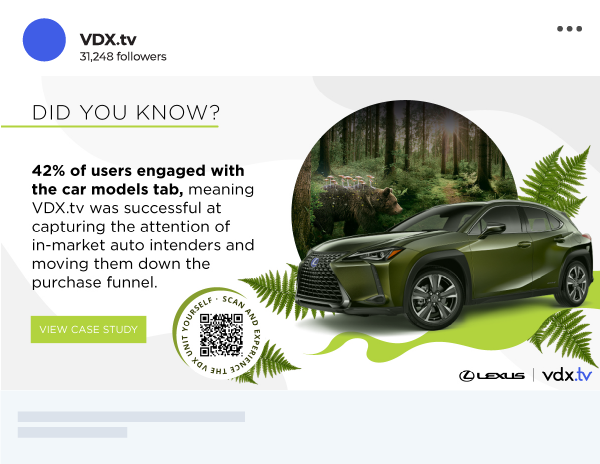 VDX.tv sample social post that says "Did you know? 42% of users engaged with the car models tab, meaning VDX.tv was successful at capturing the attention of in-market auto intenders and moving them down the purchase funnel."