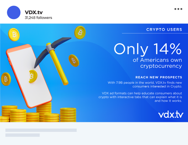 VDX.tv sample social post that says "Only 14% of Americans own cryptocurrency"