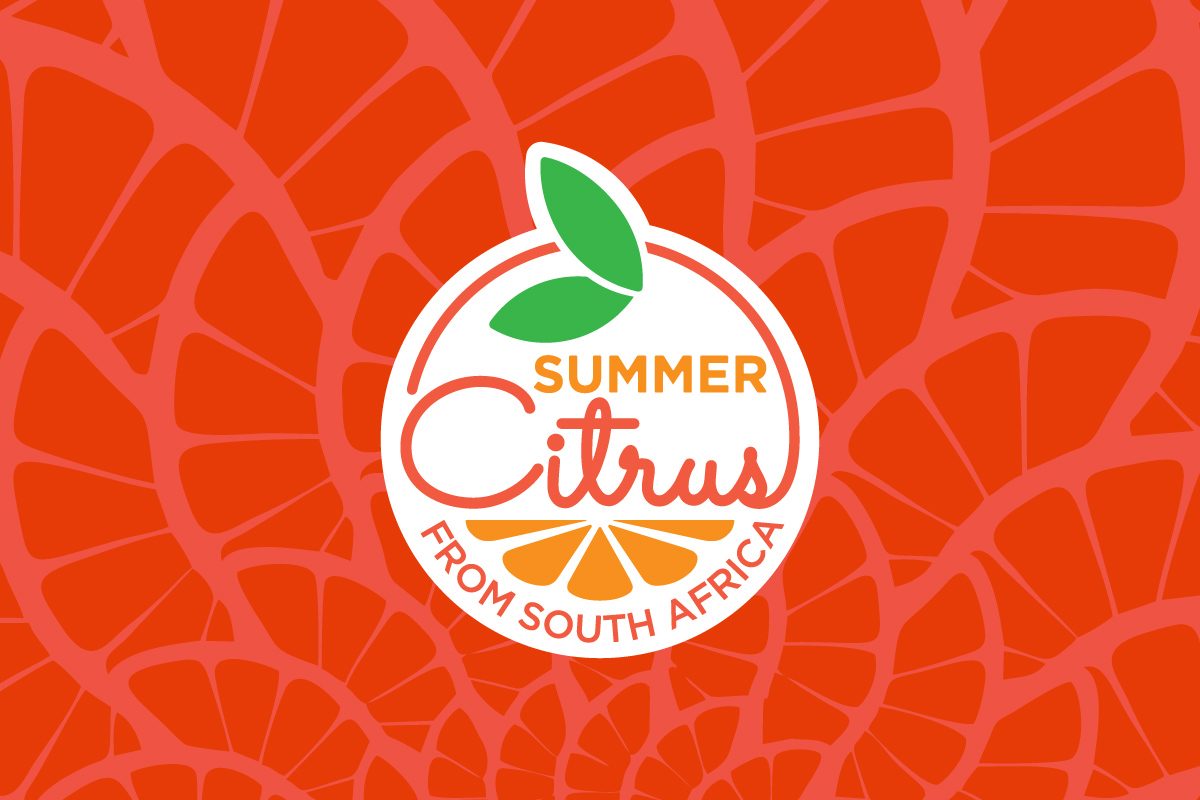 Summer Citrus from South Africa logo on background of abstract citrus segmentation illustration in dark coral colors