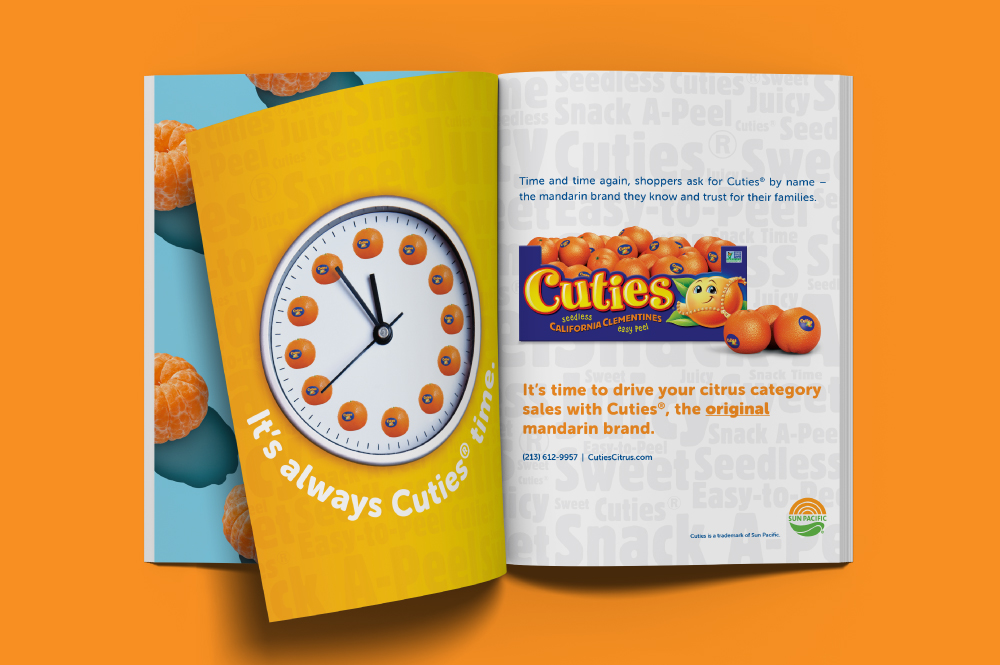 A mock-up of a full spread magazine ad that says "It's time to drive your citrus category sales with Cuties®, the original mandarin brand"