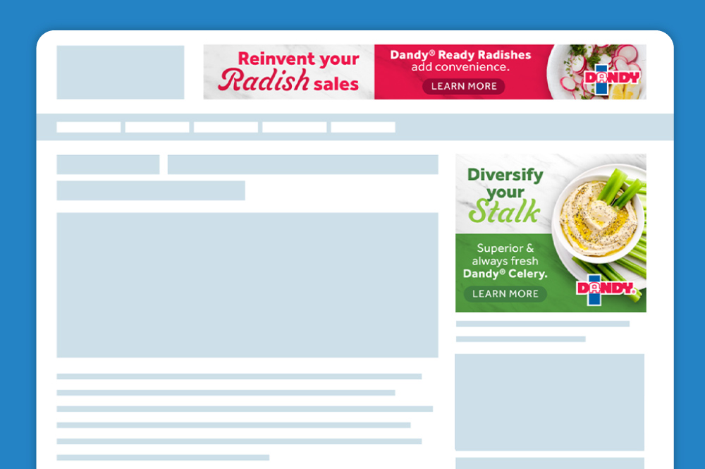 A mock-up of two web banner ads that say "Reinvent your Radish sales" and "Diversify your Stalk"