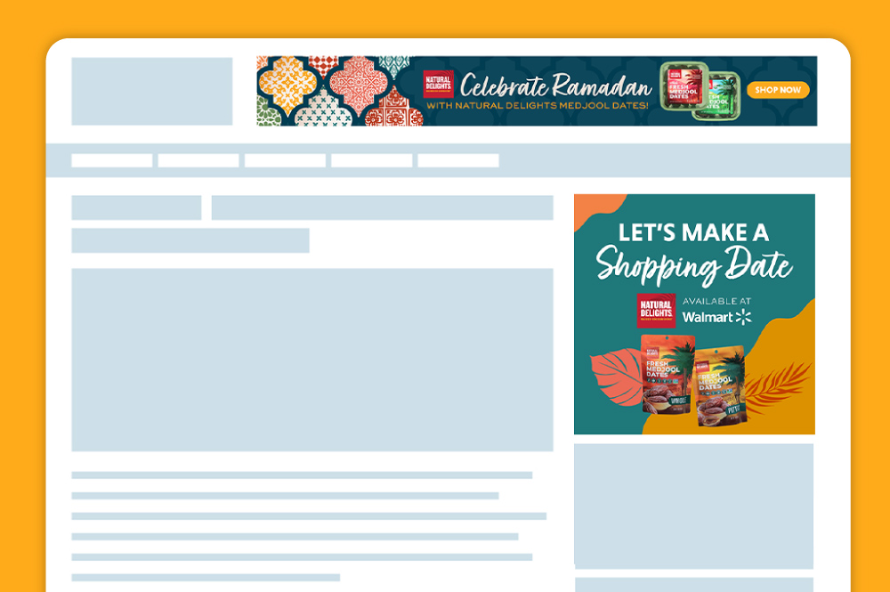 A mock-up of two web banner ads that say "Celebrate Ramadan with Natural Delights Medjool Dates" and "Let's Make a Shopping Date"