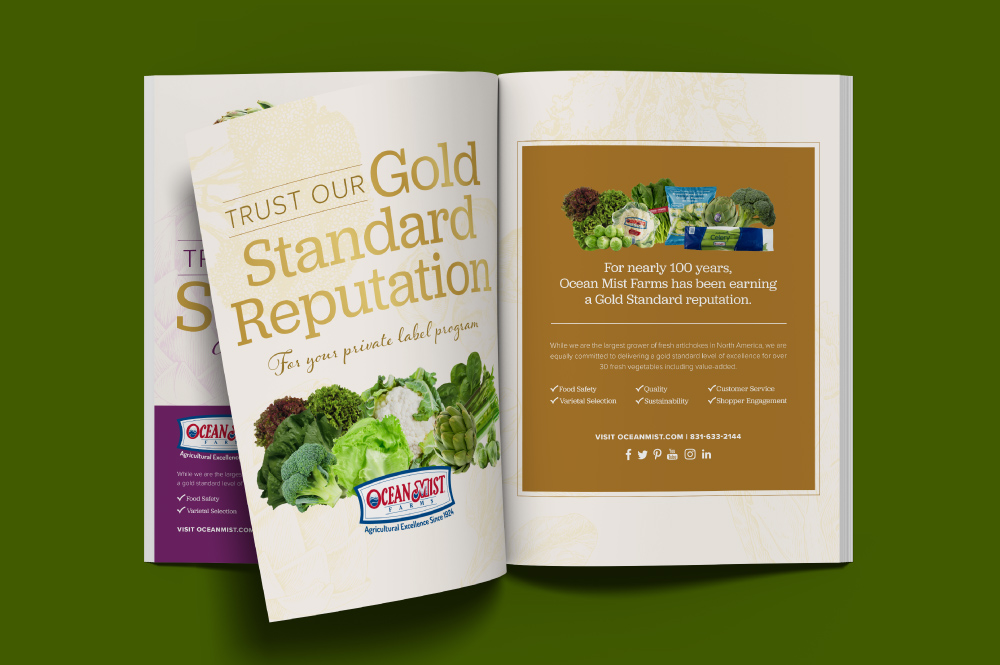 A mock-up of a full spread magazine ad that says "Trust our Gold Standard Reputation for your private label program"