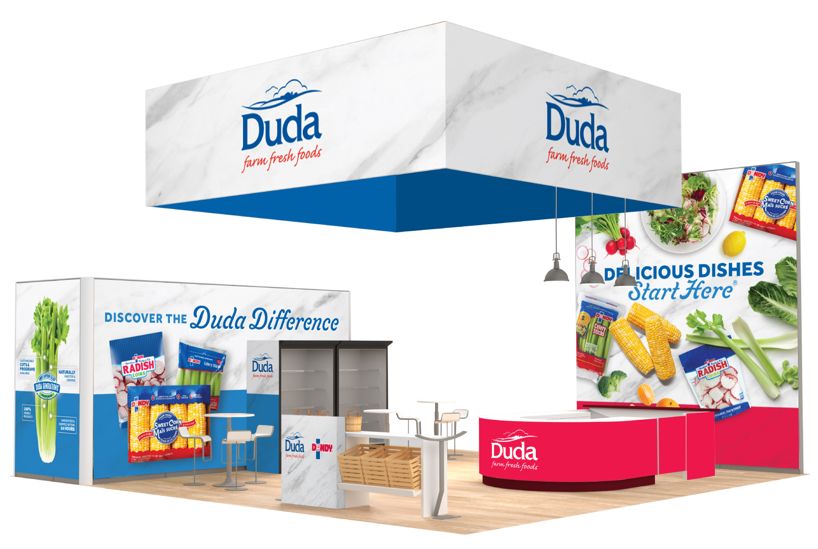 A mock-up of a tradeshow booth with images of Dandy products, the Duda and Dandy logos, and text that says "Delicious Dishes Start Here®"