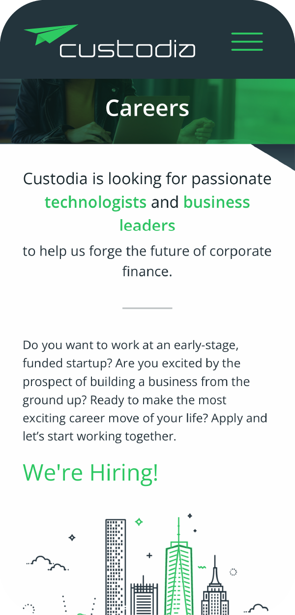 Custodia careers page at mobile size