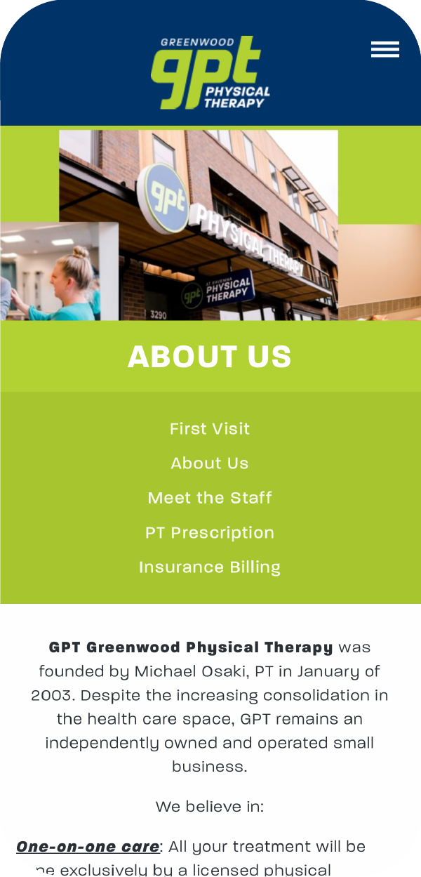 Greenwood Physical Therapy about us page at mobile size