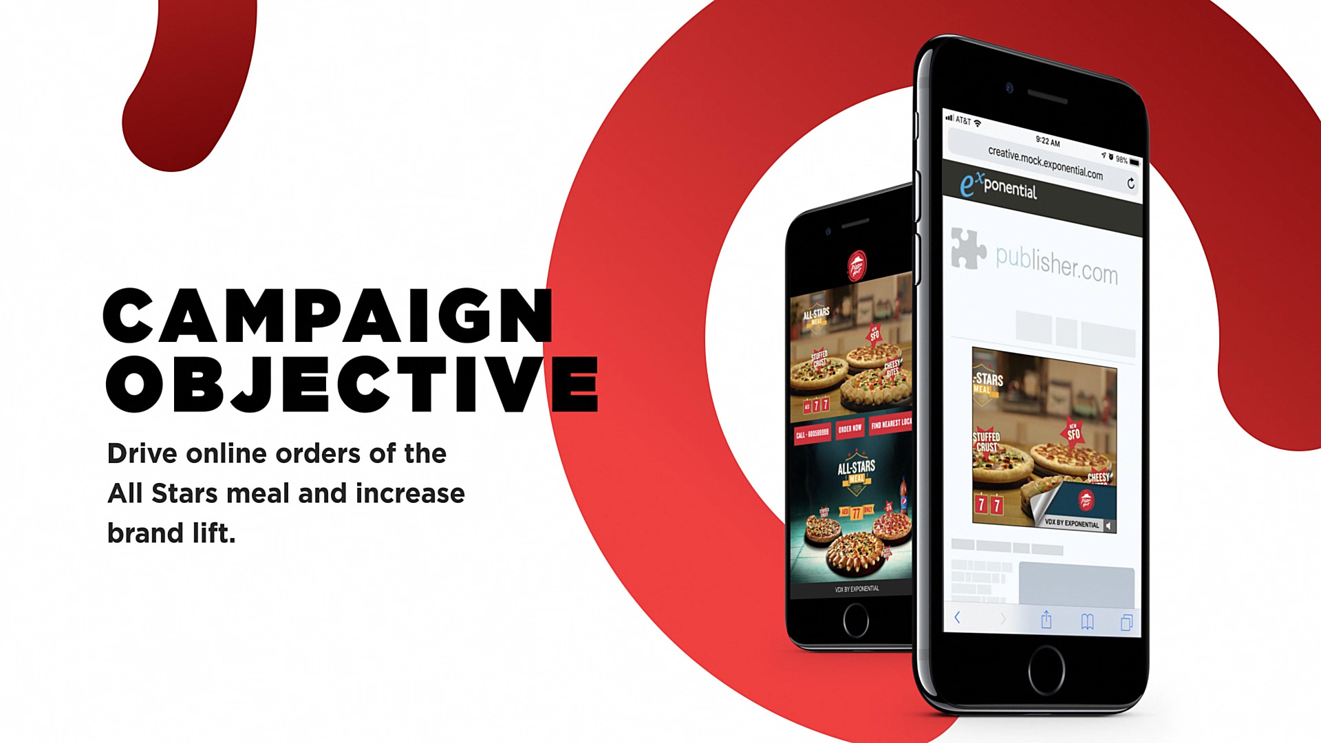 an image of phones with ad mock-ups on an abstract circle background with text that says "Campaign Objective: Drive online orders of the All Stars meal and increase brand lift."