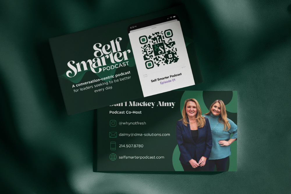 Overhead mock-up of Self Smarter business cards