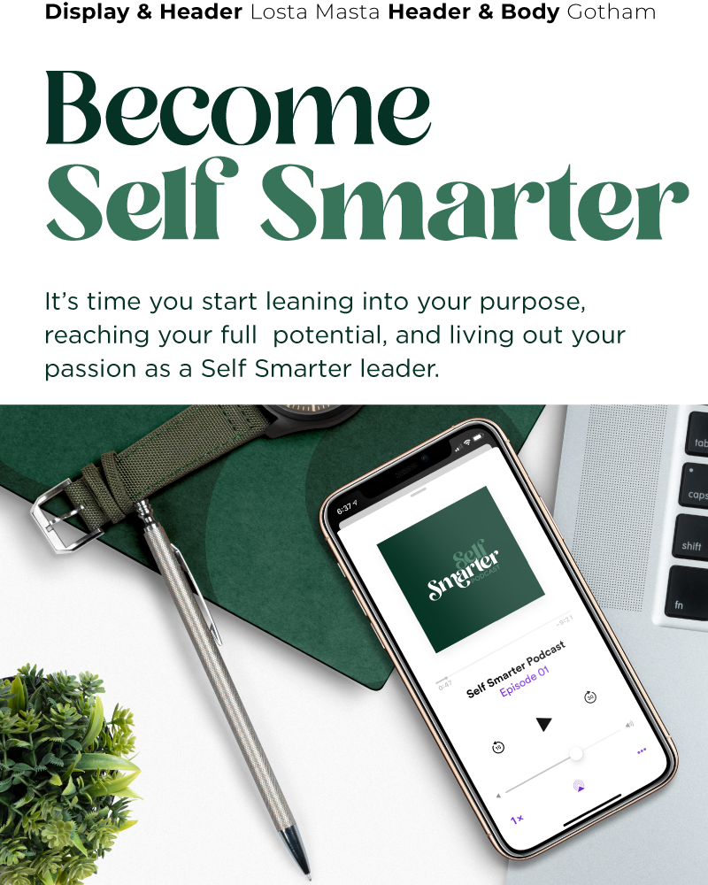 font sampling used for Self Smarter's brand guide with an overhead image of various desk items focused on a phone with the Self Smarter podcast playing
