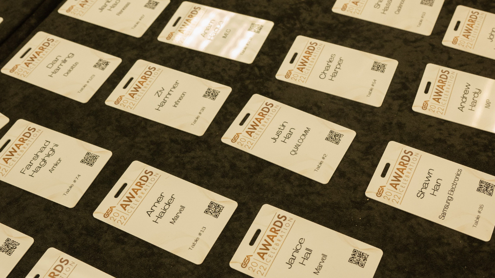 an image of Awards Dinner name badges laid out on table