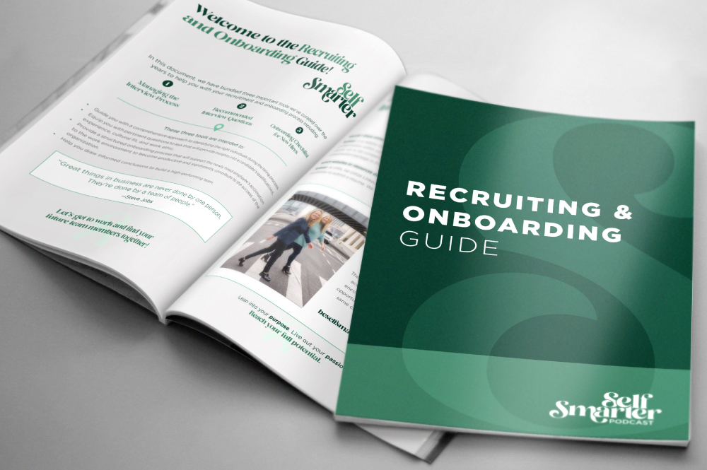 Overhead mock-up of the Self Smarter Recruits & Onboarding Guide featuring the cover and an open spread