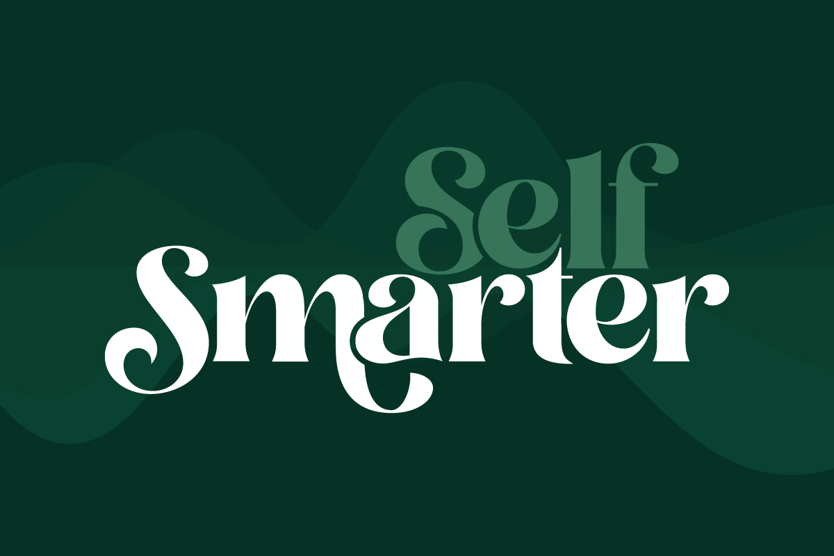 Self Smarter logo on abstract waveform background in shades of green
