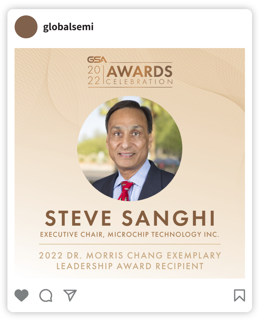 Example of an Awards Dinner social post that says "Steve Sanghi 2022 Dr. Morris Chang Exemplary Leadership Award Recipient" with an image of Steve Sanghi and the Awards Dinner logo