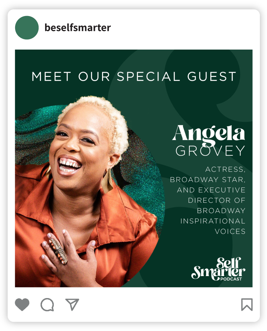 Example of a Self Smarter social post that says "Meet Our Special Guest Angela Grovey" with an image of Angela Grovey and the Self Smarter logo