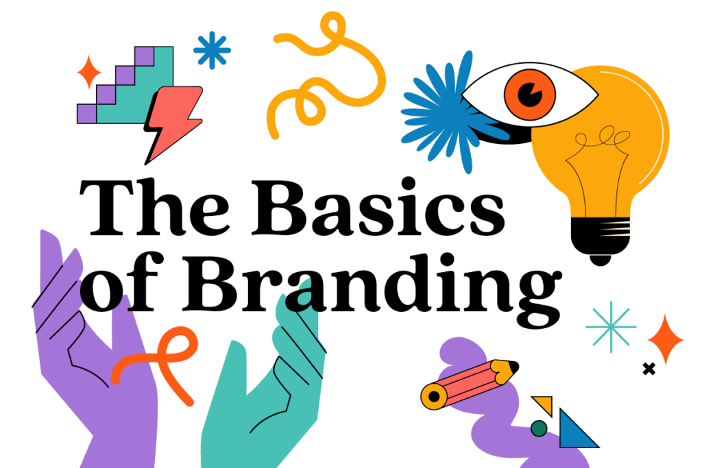 text that says "The Basics of Branding" with illustrations of hands, a lightbulb, an eyeball, a pencil, a lightning bolt, and abstract shapes