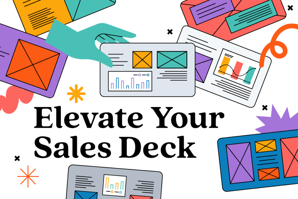 text that says "Elevate Your Sales Deck" with abstract illustration and graphics of sale deck elements and abstract shapes