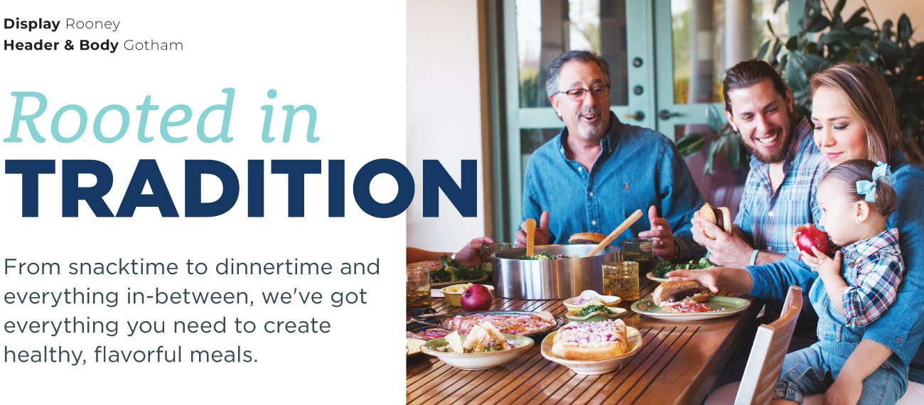 Font sampling laid over photo of a family enjoying a meal made from Little Bear products