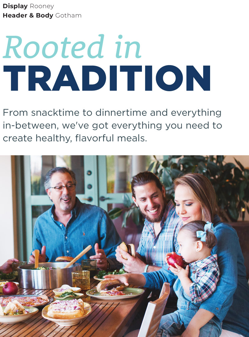 Font sampling laid over photo of a family enjoying a meal made from Little Bear products