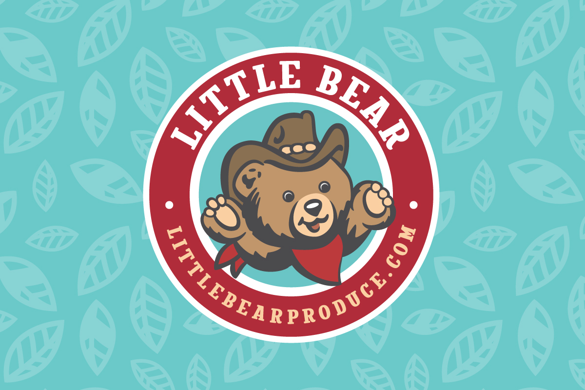 Little Bear Produce logo on top of light blue leaf pattern