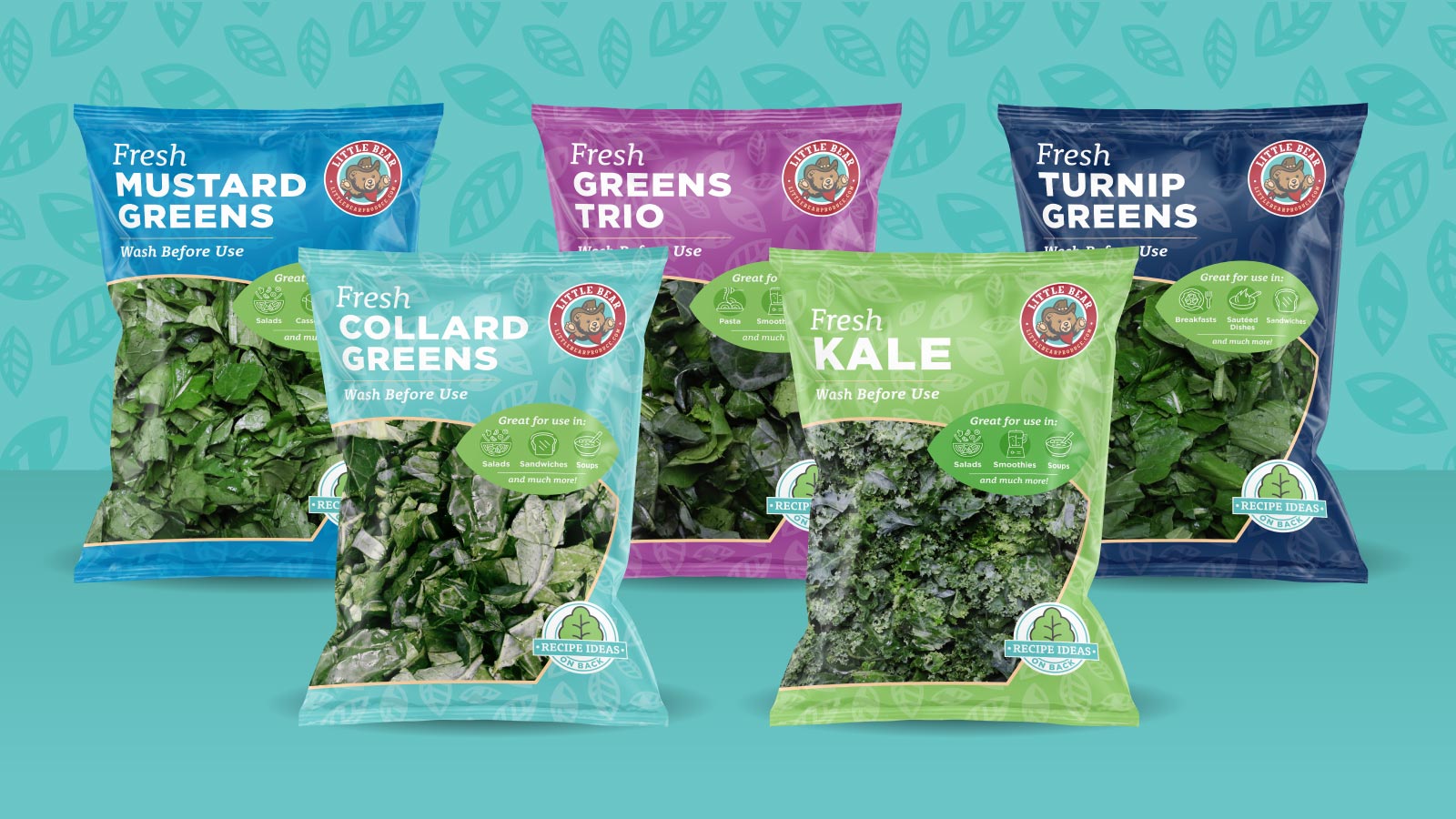 5 Little Bear Bags for the following products: Mustard Greens, Greens Trio, Turnip Greens, Kale and Collard Greens