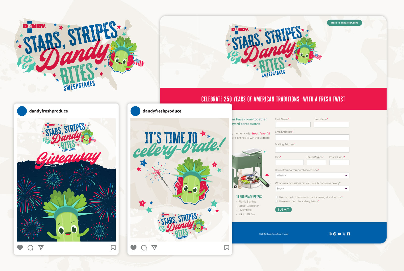 Social media and web graphics from the Stars, Stripes and Dandy Bites promotion